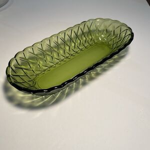 Vintage Indiana Glass Avocado Green Celery Dish Basketweave Oblong EUC